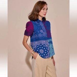 NWT Sundance Linen Patchwork Design Boho Button Up Short Sleeve